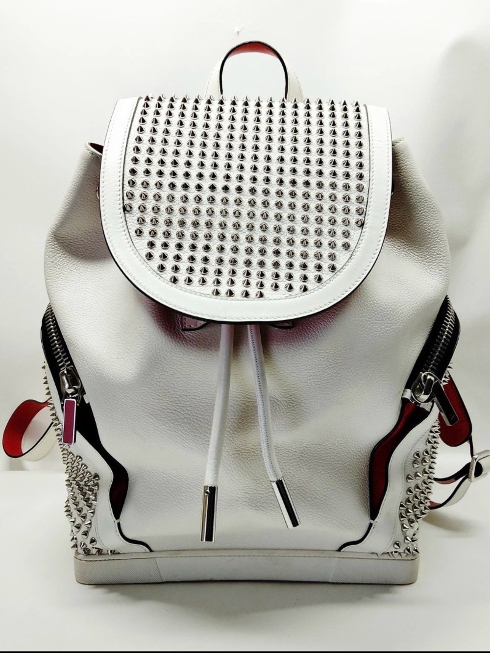 Christian Louboutin White Studded Leather Backpack with Red Trim